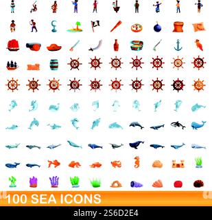 100 SEA-Symbole gesetzt. Zeichentrickillustration von 100 Meer-Ikonen Vektor-Set isoliert auf weißem Hintergrund. 100 Ikonen im Meer, Cartoon-Stil Stock Vektor