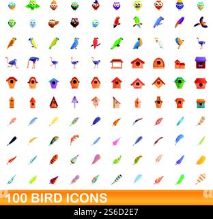 100 Vogelsymbole eingestellt. Zeichentrickillustration von 100 Vogel-Icons Vektor-Set isoliert auf weißem Hintergrund. 100 Vogelsymbole im Zeichentrickstil Stock Vektor