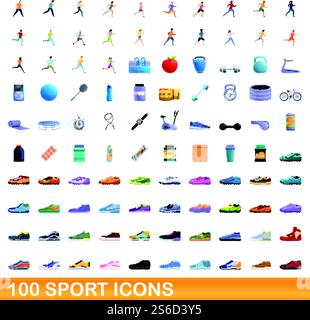 100 Sportsymbole eingestellt. Cartoon-Illustration von 100 Sport-Icons Vektor-Set isoliert auf weißem Hintergrund. 100 Sportsymbole im Zeichentrickstil Stock Vektor