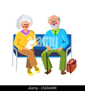 Wartezimmer Auf Stühlen Sitzen Ältere Menschen Vektor. Glückliche Ältere Mann Und Frau Paar Sitzen Auf Bank Im Krankenhaus Wartezimmer. Alte Figuren Großvater Und Großmutter Flat Cartoon Illustration. Wartezimmer Auf Stühlen Sitzen Ältere Menschen Vektor Stock Vektor
