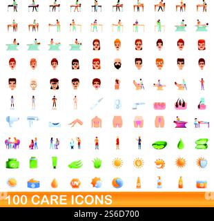 100 Einstellungen für Care-Symbole. Cartoon-Illustration von 100 Care-Icons Vektor-Set isoliert auf weißem Hintergrund. 100 Pflegesymbole im Cartoon-Stil Stock Vektor