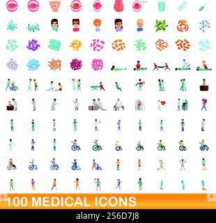 100 medizinische Symbole gesetzt. Zeichentrickillustration von 100 medizinischen Ikonen Vektor-Satz isoliert auf weißem Hintergrund. 100 medizinische Ikonen Set, Zeichentrickstil Stock Vektor