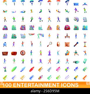 100 Entertainment-Symbole eingestellt. Zeichentrickillustration von 100 Unterhaltungssymbolen Vektor auf weißem Hintergrund lokalisiert. 100 Unterhaltungssymbole im Zeichentrickstil Stock Vektor