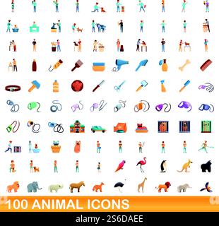 100 Tiersymbole gesetzt. Zeichentrickillustration von 100 Tiersymbolen Vektorsatz isoliert auf weißem Hintergrund. 100 Tiersymbole im Cartoon-Stil Stock Vektor