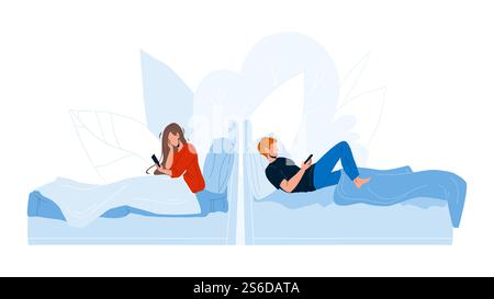 Menschen, Die Im Bett Liegen Und Handy-Vektor Verwenden. Junge Mann Und Frau Im Bett Mit Smartphone. Charaktere Mit Kommunikations-Gadget Im Schlafzimmer, Schlafenszeit Mit Elektronischem Gerät Flat Cartoon Illustration. Menschen, Die Im Bett Liegen Und Handy-Vektor Verwenden Stock Vektor