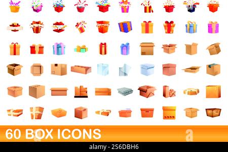 60 Box-Symbole gesetzt. Zeichentrickdarstellung von 60 Box-Symbolen Vektor-Set isoliert auf weißem Hintergrund. 60 Box-Symbole Set, Cartoon-Stil Stock Vektor