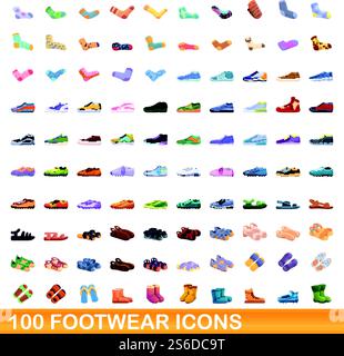 100 Symbole für Schuhe. Zeichentrickillustration von 100 Schuhsymbolen Vektorsatz isoliert auf weißem Hintergrund. 100 Schuhsymbole im Zeichentrickstil Stock Vektor