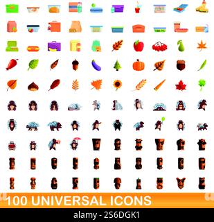 100 universelle Symbole. Zeichentrickillustration von 100 universellen Symbolen Vektor-Satz isoliert auf weißem Hintergrund. 100 universelle Symbole im Cartoon-Stil Stock Vektor