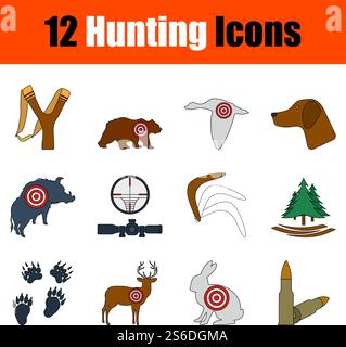 Symbol Für Jagd Eingestellt. Flaches Design Mit Konturen, Die Bearbeitet Werden Können. Vektorgrafik. Stock Vektor