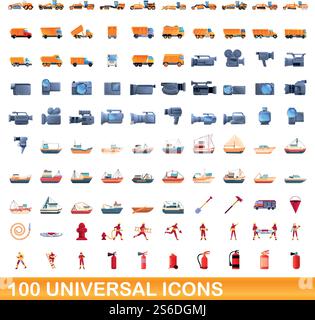 100 universelle Symbole. Zeichentrickillustration von 100 universellen Symbolen Vektor-Satz isoliert auf weißem Hintergrund. 100 universelle Symbole im Cartoon-Stil Stock Vektor