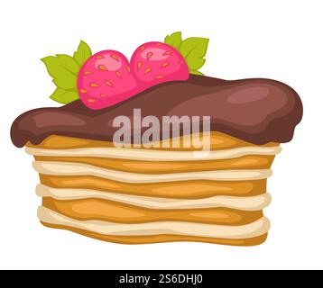 Süßigkeiten gebackener und mehrschichtiger Kuchen mit Schokoladenguss und Erdbeerdekoration. Isoliertes Dessert-Symbol für Kochbuch oder Menü im Restaurant. Portion hausgemachter Kuchen mit Sahne, Vektor in der Wohnung. Dessert-Schichtkuchen mit Schokolade und Erdbeeren Vektor Stock Vektor
