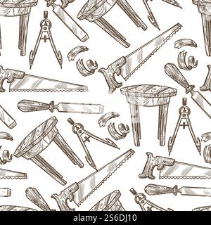 Werkzeuge und professionelle Instrumente für Spezialisten in Tischlerei und Holzarbeit, nahtloses Muster. Reparatur der Mitte der Befestigung, Säge mit scharfer Klinge. Einfarbige Skizzenkontur, Vektor in abgewickelter Form. Schreinerwerkzeuge und -Instrumente, nahtloses Muster für Säge und Tisch Stock Vektor