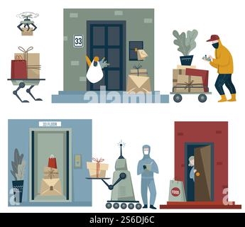 Logistik- und Lieferarbeiter, die an Quarantäne arbeiten. Roboter und Robotergeräte, die Pakete an Kunden liefern. Drohnen und Leute mit Bestellungen von Käufern, Frachttransport Vektor in Wohnung. Entbindung während des Coronavirus-Ausbruchs, der Sperrung und der Quarantäne Stock Vektor