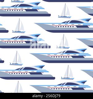 Wassertransport nahtloses Muster von Kreuzfahrtschiff und Segelboot. Tourismus und Transport auf Schiffen, Schwimmen auf Schiffen. Reisen und Reisen, Sommerurlaub Reisen Vektor in flachem Stil. Kreuzfahrtschiff und Segelboot nahtlose Muster der Schiffe Stock Vektor