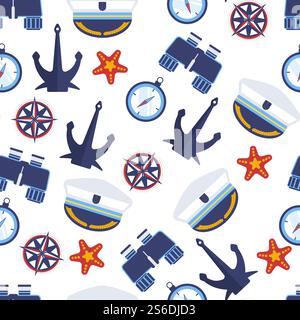 Seefahrtszeichen nahtloses Muster aus Anker und Kompass, Timer und Kapitänsmütze, Fernglas und Seestern. Marinesymbole, Kindergarten-Thema. Segeln und Navigation in Ozeanen, Vektoren für Reisen in flachen Gewässern. Seesymbole, nautischer Anker und Kapitän Hut nahtlos Stock Vektor