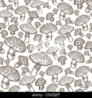 Pilze farbloses nahtloses Muster. Detaillierte Amanita Muscaria, Lebensmittelvergiftung. Naturprodukt mit Giftstoffen, giftige Pilze. Gefährliches Gemüse. Einfarbige Skizzenkontur, Vektor in abgewickelter Form. Amanita-Pilze, reife Pilze, die einfarbige nahtlose Muster ernten Stock Vektor