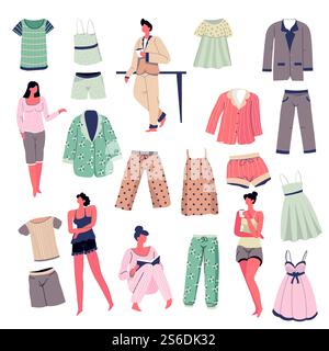 Nachtwäsche für Männer und Frauen, Nachtwäsche für Männer und Frauen, modische Kollektion. Stilvolle Kleidung zum Schlafen. Pyjamas-Set, Leute in Kleidung und trinken Kaffee. Vektor in abgewickelter Form. Schlafanzug-Kollektion für Männer und Frauen, Nachtwäsche-Set Stock Vektor