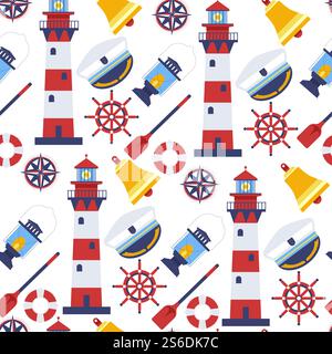 Nahtloses Muster für nautische Elemente. Rundumleuchte und Glocke, Kompass und Lenkrad, Kapitänsmütze und Lampe, aufblasbarer Rettungsschirm. Leuchtturm für Navigation und Fahrtrichtung, Vektor in flachem Stil. Beacons und Kapitänshut, nahtloses Muster im Meeresmotiv Stock Vektor
