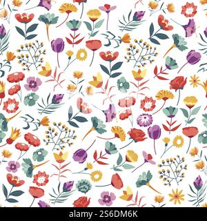 Rosen und Tulpen, Ringelblume und Dahlien, Mohn und Butterblume, Pfingstrose und Stiefmütterchen nahtloses Muster. Wildblumenstrauß von Blumen mit Laub, Frühlingsblüte und blühendem Druck, Vektor in flach. Wildblumen, Rosen und Gänseblümchen in nahtlosem Blütenmuster Stock Vektor