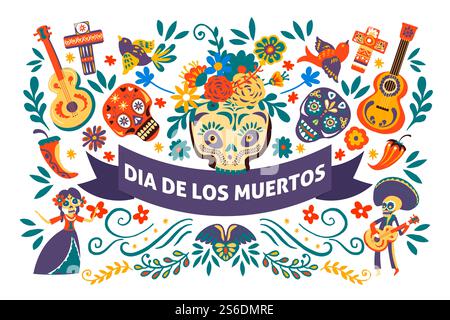 Mexikanischer Feiertag Dia de los muertos, Banner mit Symbolen für kulturelle Veranstaltungen. Day of the Dead, Totenschädel und Akustikgitarren, Kreuze und dekorative, lebendige Blumen, Vektor in flachem Stil. Dia de los muertos, Tag des toten mexikanischen Feiertags Stock Vektor