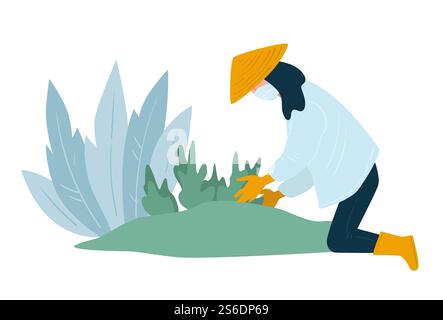 Weibliche Figur mit Maske Landwirtschaft oder Gartenarbeit, isolierte Frau mit Hut. Gemüseanbau, Landwirt, der sich um den Garten kümmert. Quarantänezeitraum ökologischer/biologischer Produktion. Vektor in abgewickelter Form. Gartenarbeit und Landwirtschaft während des Coronavirus-Ausbruchs, Dame mit Hut Stock Vektor