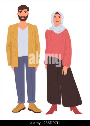 Mann und Frau des arabischen Landes, männliche und weibliche Charaktere in einfachen Kleidern. Freund und Freundin, muslimisches Paar. Dame in Kleid und Kopftuch bedeckt Kopf und Haar. Vektor in abgewickelter Form. Mann und Frau tragen traditionelle Kleidung, muslimische Mode Stock Vektor