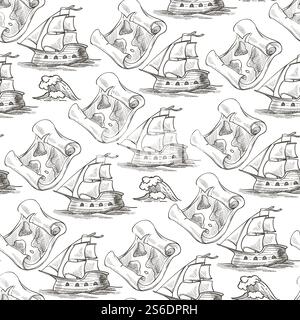 Alte Entdeckungen, Reisen und Entdeckungen nahtlose Muster. Schiff mit Segeln, Karte auf Pergamentpapier, Ziel der Seeleute. Alte Geschichte. Einfarbige Skizzenkontur, Vektor in abgewickelter Form. Vintage-Schiff und Karte auf Pergamentpapier nahtloses Muster Stock Vektor