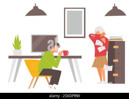 Mann und Frau husten oder niesen im Büro, kranker Mann und Frau im Büro. Charaktere mit Symptomen des Coronavirus, allergische Reaktion auf Allergene. Epidemischer Situationsvektor in flacher Form. Leute, die am Arbeitsplatz husten, Mann und Frau Stock Vektor