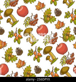Herbstlaub, nahtloses Muster von Obst und Gemüse, Eichenzweig mit Eichel, Kiefernzapfen und Pilzen, reifer roter Apfel und Heidelbeere mit Beeren. Herbstsaison, Vektor im flachen Stil. Reife Äpfel, Pilze und Heidelbeere, nahtloses Herbstmuster Stock Vektor