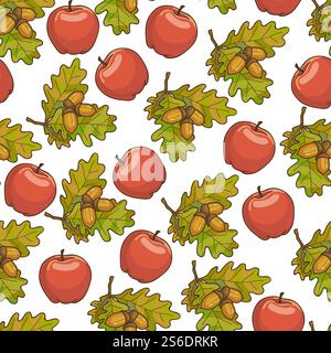 Herbsternte und Landwirtschaft nahtloses Muster von reifem Apfel und Eicheln auf Eichenzweig. Herbstsaison, herbstliche Früchte, Diät und biologische Ernährung. Herbstliche Blätter, Vektor in flacher Form. Reife Äpfel, Eichenblätter mit nahtlosem Eichelmuster Stock Vektor