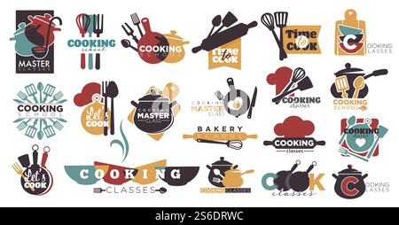 Kochkurse oder Kochkurse Etiketten oder Embleme mit Besteck und Aufschriften. Hausgemachte Gerichte und Rezepte. Lernen, wie man professionell mit Geschmack kocht. Vektor in abgewickelter Form. Kochkurse und Workshop, Speisenvorbereitung Stock Vektor