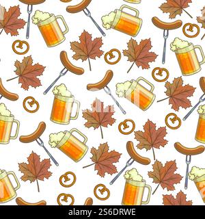 Oktoberfest alkoholisches Getränk in Glas nahtlos gegossen oder Bier, Würstchen und Brezeln. Wurst mit Fleisch, erfrischender Alkohol. Ahornblätter und traditioneller Snack. Vektor in abgewickelter Form. Bier alkoholisches Getränk, Brezeln Snack und Ahornblätter nahtloses Muster Stock Vektor