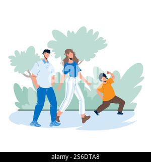 Im Familienpark Spazieren Eltern Mit Kindervektor. Vater, Mutter Und Sohn Gehen Zusammen Im Familienpark. Charaktere Mann, Frau Und Junge Kind Happy Freizeit Zeit Outdoor Flat Cartoon Illustration. Im Familienpark Spazieren Eltern Mit Kindervektor Stock Vektor