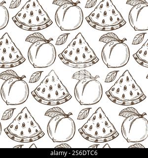 Nahtloses Muster aus Pfirsich und Wassermelonen oder Erdbeeren. Ökologische Zutaten, Landwirtschaft oder Landwirtschaft. Veganes Menü, leckere Desserts für vegane Gerichte. Einfarbige Skizzenkontur, Vektor in abgewickelter Form. Wassermelone und Pfirsich, süße Früchte der Saison, nahtloses Muster Stock Vektor