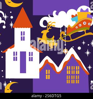 Hirsch mit Schlitten gefüllt mit Geschenken für Bürger der Stadt. Häuser bedeckt mit Schnee Weihnachten und Neujahr Feier. Saisonale Feiertage und Gratulation mit saisonalem Event. Vektor in abgewickelter Form. Stadt in der Winternacht, weihnachtsfeier Vektor Stock Vektor