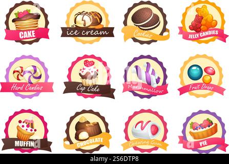 Set von Logos mit verschiedenen Süßigkeiten, Vektor-Illustration. Gebäck mit Himbeeren, Eis, Schokolade, Gelee Bär. Harte Bonbons, farbige Marshmallows, Fruchttropfen, Beerenmuffin, Kaugummi, Torte. Logos mit verschiedenen Süßigkeiten Stock Vektor