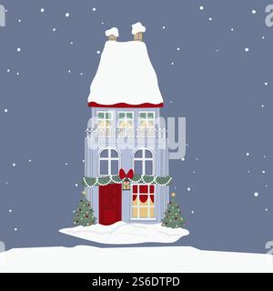 Vorbereitung auf Weihnachten und Neujahr, Weihnachtskranz, Tannenzweige und Lichter. Das Dach des Gebäudes ist mit Schnee bedeckt. Schneebedecktes Wetter am Feierabend. Home Exterieur, Vektor in flachem Stil. Haus mit Weihnachtsgirlanden und Lichtern dekoriert Stock Vektor
