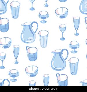 Pitcher zum Servieren von Flüssigkeiten, Gläsern und Schüsseln für Getränke und Mahlzeiten nahtloses Muster. Kanne für Wasser oder Milch, Tassen für alkoholische Getränke. Geschirr zum Frühstück oder Abendessen, Vektor in flachem Stil. Glaskanne und Gläser für Getränke nahtloses Muster Stock Vektor
