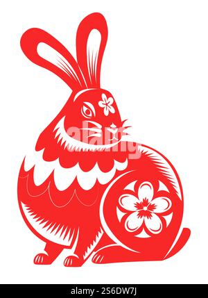 Orientalische Tierkreissymbole und astrologische Kreaturen des neuen Jahres. Isoliertes Kaninchen oder Hase mit blühenden Blumen. PaperCut oder Dekor, Waldtier. Chinesisches Horoskop-Zeichen, roter Icon-Vektor in flacher Art. Hase oder Hase mit Blumen, chinesisches Horoskop Stock Vektor