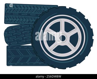Gummireifen mit silbernen Scheiben, isolierter Haufen Autoreifen mit Spuren. Wartung und Reparatur, Sortiment an Fahrzeugwerkstätten und Mechaniker. Aufgepumpte Räder für Auto. Vektor in abgewickelter Form. Autoreifen in der Wartung oder im Autohandel Stock Vektor