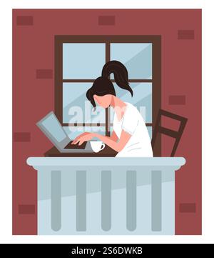 Weibliche Figur, die von zu Hause aus arbeitet, Freiberufler mit Laptop auf Terrasse oder Balkon. Quarantäne und Selbstisolation von Schülern, die Hausaufgaben am Computer machen. Fernunterricht oder Jobvektor. Freiberuflicher Mitarbeiter, der von zu Hause aus arbeitet, Studenten, die Aufgaben auf dem Balkon erledigen Stock Vektor