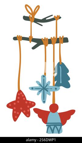 Weihnachtsdekoration für Heimdekoration und Dekoration, isolierte Holzschnitte hängen am Faden. Sterne und Kiefern, Schneeflocken und engelförmige Figuren. Weihnachtsfeier im Winter. Vektor in abgewickelter Form. Dekoration für Weihnachten, Holzschnitte am Stock hängen Stock Vektor