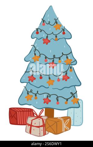 Weihnachtsbaum mit Geschenkboxen, isolierte Kiefer, dekoriert mit Girlanden und Kugeln. Weihnachten und Neujahrsfeier, festliche Stimmung und Vorbereitung auf die Winterferien am Vorabend. Vektor in abgewickelter Form. Kiefer mit Girlanden dekoriert und präsentiert Vektor Stock Vektor