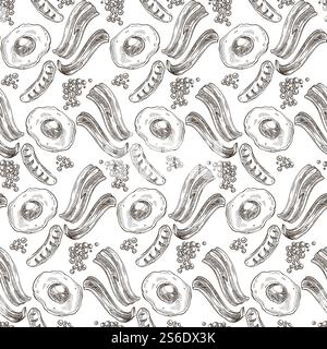 Spiegeleier und Speck, nahtlose Muster, gegrillte Würstchen. Frühstück oder Abendessen, warme Gerichte, Mittagessen im Diner oder Restaurant. Hintergrund für Menürezepte. Einfarbige Skizzenkontur, Vektor in abgewickelter Form. Speck und Ei, gegrillte Würstchen, nahtloses Muster Stock Vektor