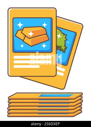 rpg spielen, Brettspiele Kartenstapel helfen zu gewinnen. Gold auf Karte mit Glitzer. Wettbewerb und Auszeichnung. Freizeit und Freizeit für Kinder und Erwachsene. Hobby-Leidenschaft für Spieler. Vektor in abgewickelter Form. Spielkarte für rpg, Gold und Ressourcen Vektor Stock Vektor