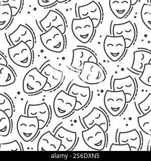 Drama und Komödie, Theatergenres, nahtloses Muster. Glückliches und trauriges Gesicht, farblose Linienmasken. Pantomime Aufführungsverkleidung, Schauspielkostüm. Symbol des Kinematographievektors in flacher Form. Fröhliches und trauriges Gesicht, Drama und Comedy nahtloses Muster Stock Vektor