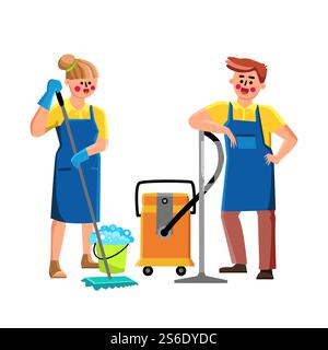 Hausmeister Reinigungsservice Arbeiter Paar Vektor. Hausmeister-Team, Mann, Der In Der Nähe Von Staubsaugern Steht, Und Junge Frau Mit Mopp Und Eimer Wasser. Zeichentrickzeichnung Für Zeichen. Hausmeister Reinigungsservice Arbeiter Paar Vektor Stock Vektor