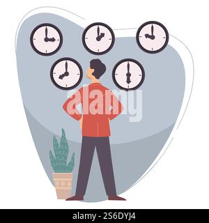 Männlicher Charakter, der auf Uhren schaut, die an der Wand hängen. Geschäfts- und Zeitmanagement. Mitarbeiter oder Vorgesetzter beeilen sich, Countdown oder Deadline festlegen. Professioneller Manager mit Uhren. Vektor in abgewickelter Form. Zeitmanagement beim Uhren-guckenden Geschäftsmann Stock Vektor