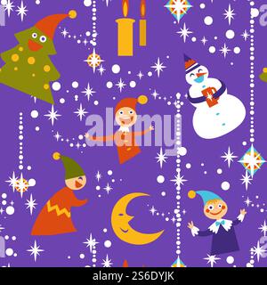 Weihnachtsfeierlichkeiten nahtloses Muster leuchtender Girlanden. Schneemann und Gnome, Kiefernbaum Charakter und Stimmung, Sterne und Kerze mit Licht. Festliche Stimmung zu weihnachten. Vektor in abgewickelter Form. Gnome und Schneemänner, Kiefern und Weihnachtsgirlanden Stock Vektor