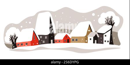 Frostiges und schneebedecktes Wetter in der Stadt oder im Dorf. Stadtlandschaft mit Straßen und Häusern, schneebedeckten Bäumen. Im Winter draußen, Straße mit Gebäuden. Winter saisonale Skyline, Landschaftsansicht Vektor. Winterliche Stadtlandschaft, Häuser Dächer bedeckt mit Schnee Vektor Stock Vektor